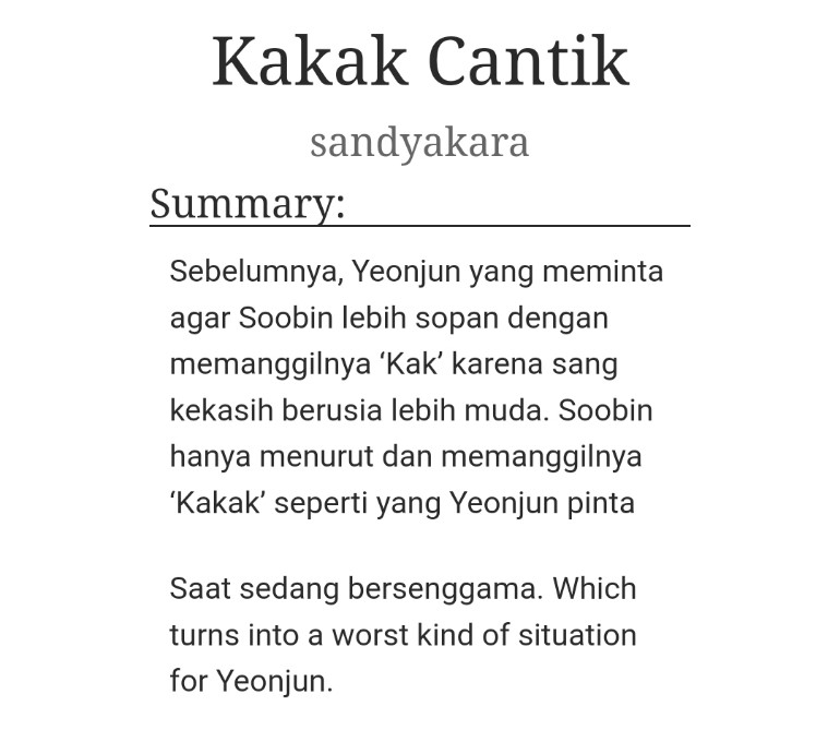 sandiakara's tweet photo. 🔞 soobjun fiction — Kakak Cantik
© sandya

(https://t.co/uCAx1IfDoG)

tags: mild degrading, pet names, overstimulation, etc on the link. proceed with caution. https://t.co/Gh5DPnVfLn