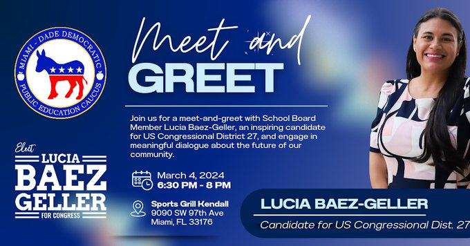 SAVE THE DATE- Meet and Greet with @lbgforcongress  happening on Monday, March 4th in Kendall! Sign up below! 

mobilize.us/dpecf/event/60…