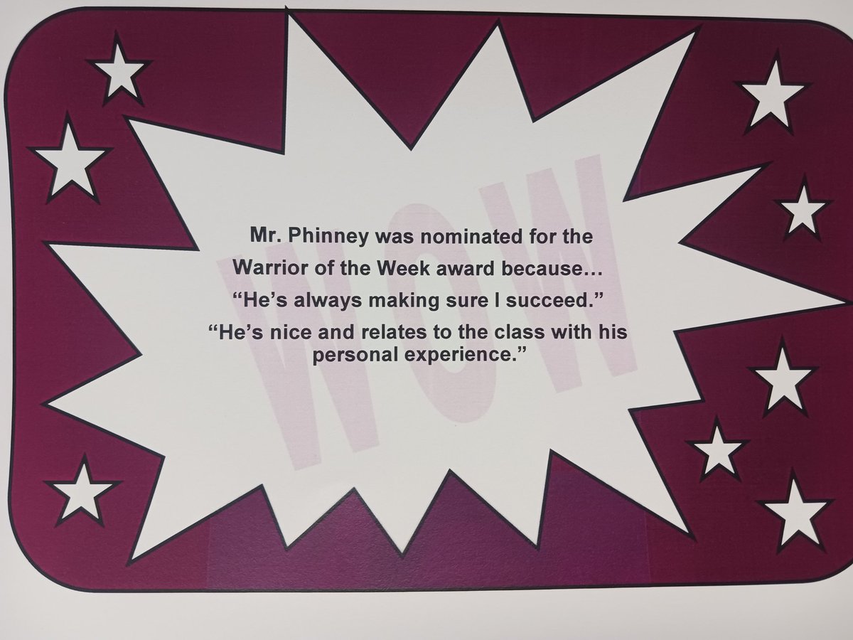 He is our WOW! Warrior of the Week - Mr. Phinny or 'Phinny the Kid'. Nominated by his students. Congratulations