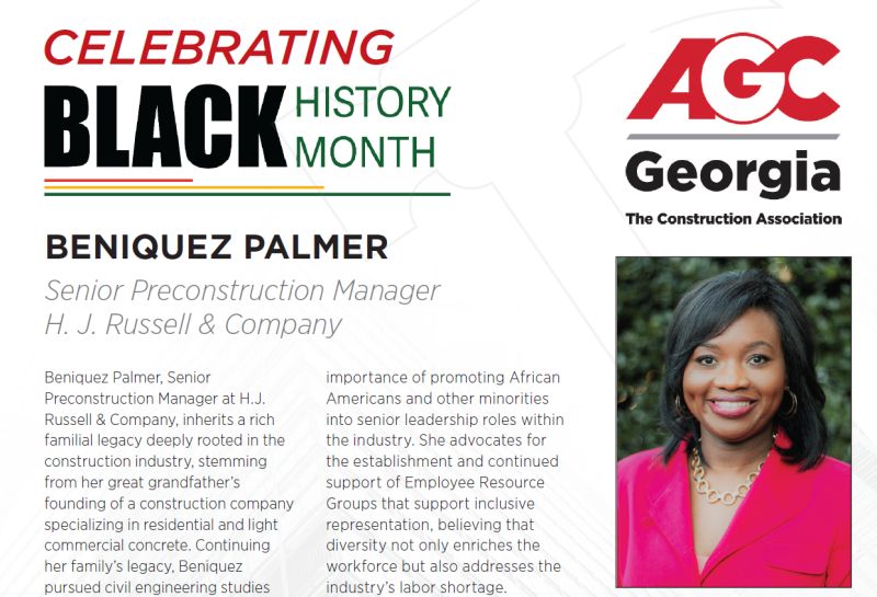 Today we are excited to spotlight Beniquez Palmer with
@HJRussellCo in our series celebrating #BlackHistoryMonth. For over 2 decades, Beniquez has been a friend to AGC GA & a rock star within our industry! View article: bit.ly/48HqvAR

#construction #ConstructionIndustry