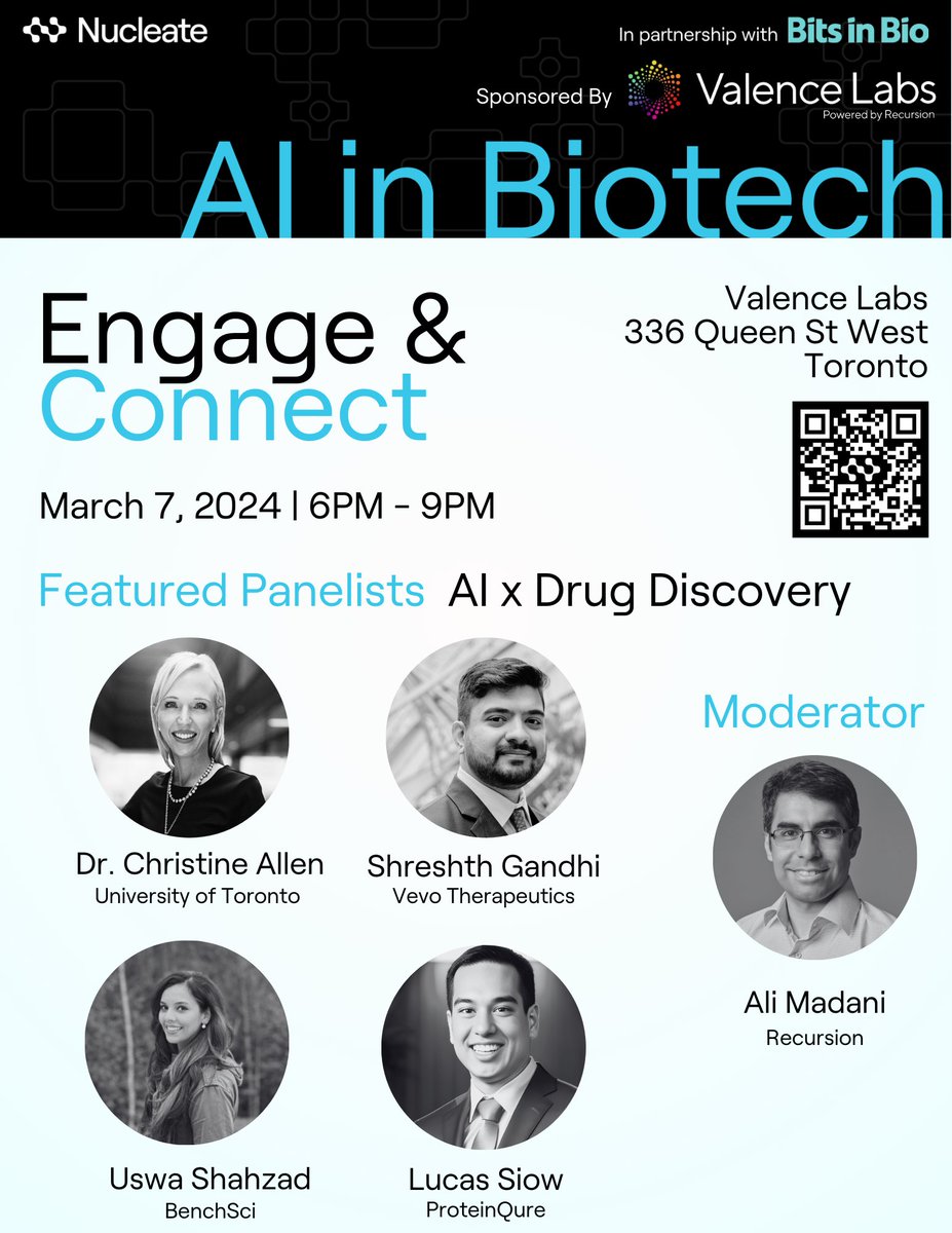 Nucleate Canada (@nucleatecanada) on Twitter photo Just 2 weeks left until our Toronto AI in Biotech Engage & Connect event, a part of our new AI in Biotech initiative with <a href="/bitsinbio/">Bits in Bio</a> . We're thrilled to announce that we'll be hosting this event alongside Valence Labs on March 7th from 6-9pm. lu.ma/xkpre3ow Just 2 weeks left until our Toronto AI in Biotech Engage & Connect event, a part of our new AI in Biotech initiative with <a href="/bitsinbio/">Bits in Bio</a> . We're thrilled to announce that we'll be hosting this event alongside Valence Labs on March 7th from 6-9pm. lu.ma/xkpre3ow