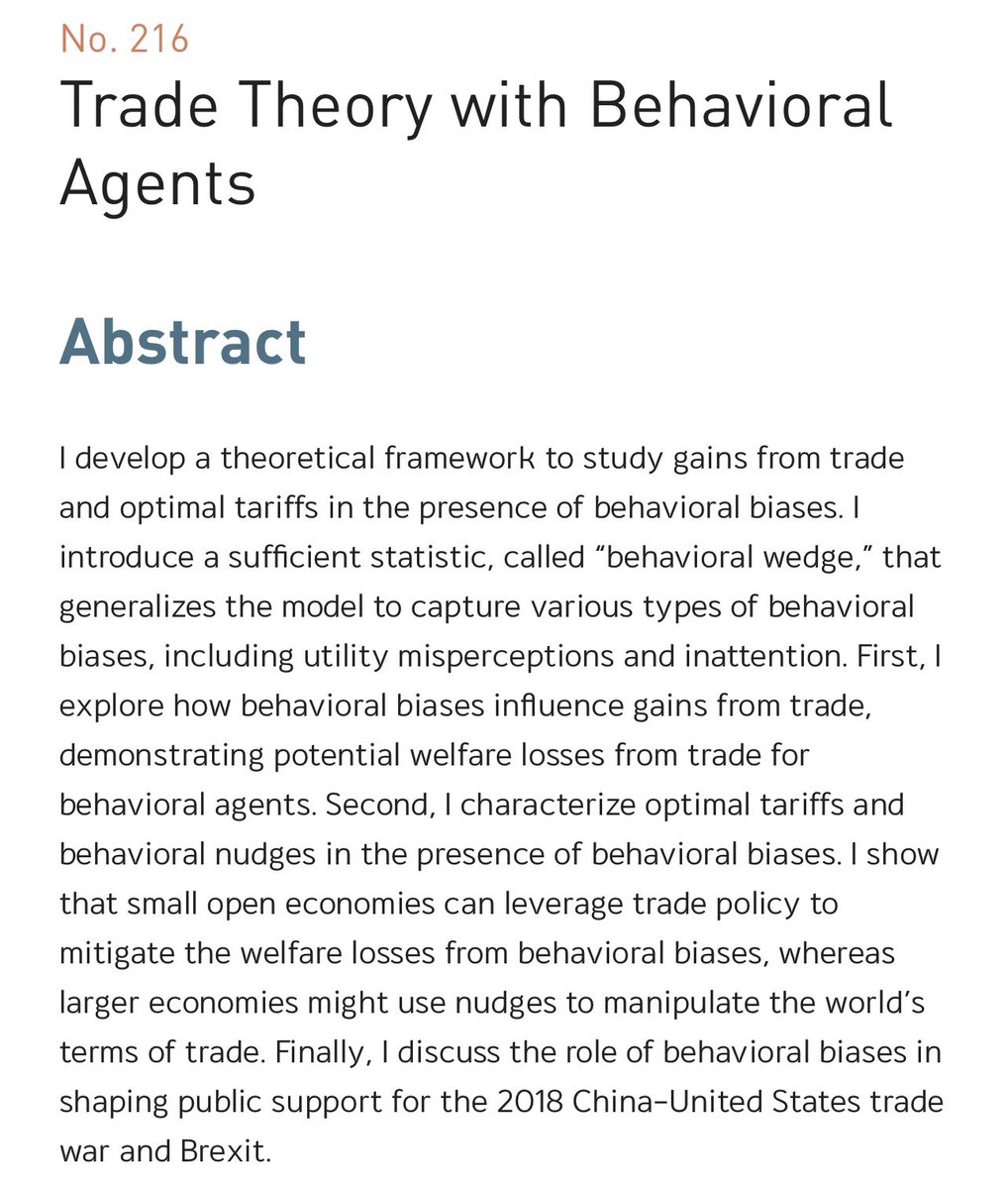 I am excited to share my new working paper 'Trade Theory with Behavioral Agents.' Link: pier.or.th/en/dp/216 Comments and suggestions are very welcome! A short thread will come soon 😊