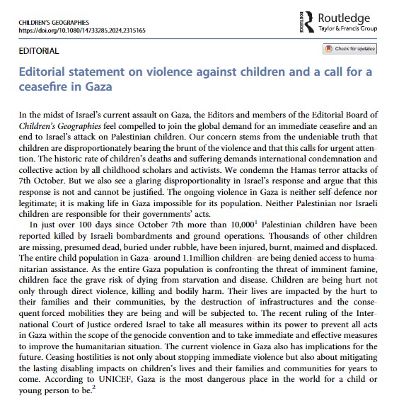 Click 🔗below to read editorial statement on violence against children & a call for a ceasefire in Gaza. Note: The online version incorrectly lists a single author, whereas the statement was written collectively. We will seek to amend this information. doi.org/10.1080/147332…