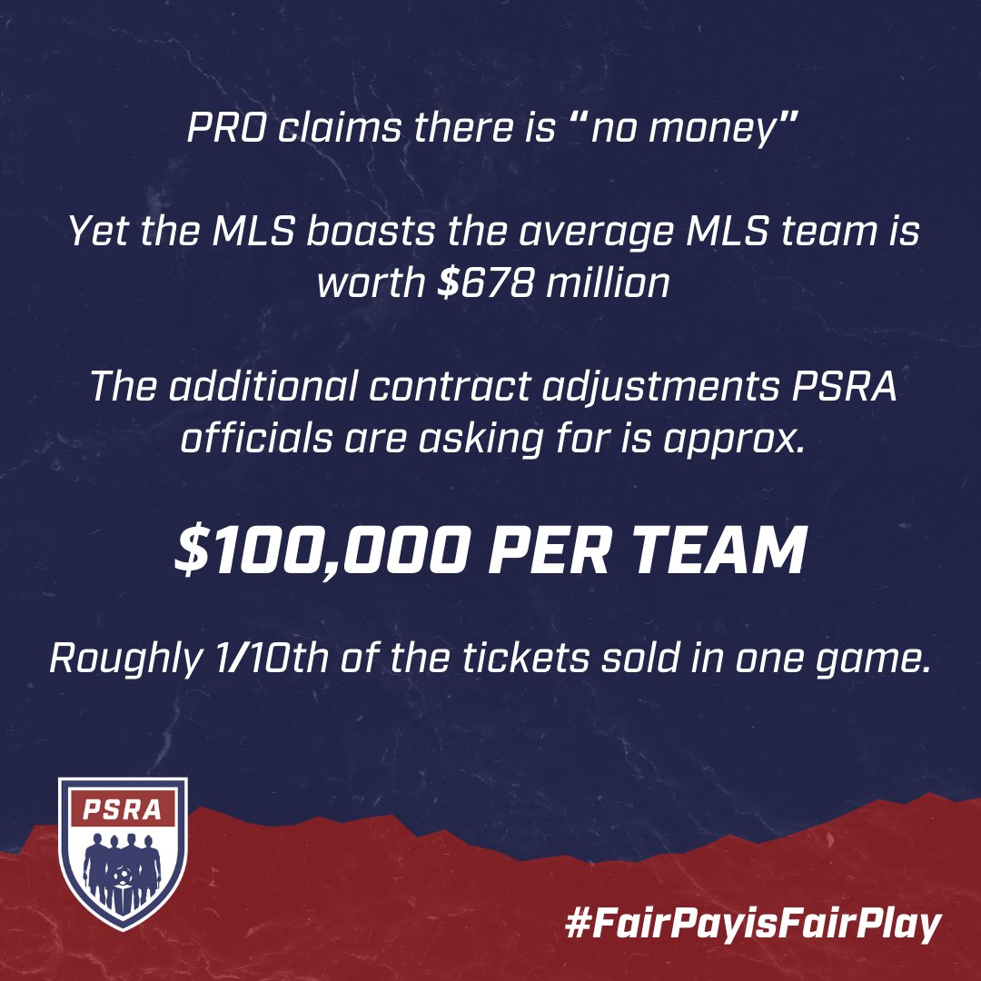 The additional contract adjustments we are asking for? Approximately $100K per team. Think about that. That's less than 1/10th of the ticket sales for one home game. That's what is keeping us off of the field to start this season. #FairPayisFairPlay #ProRefs4ProSoccer…