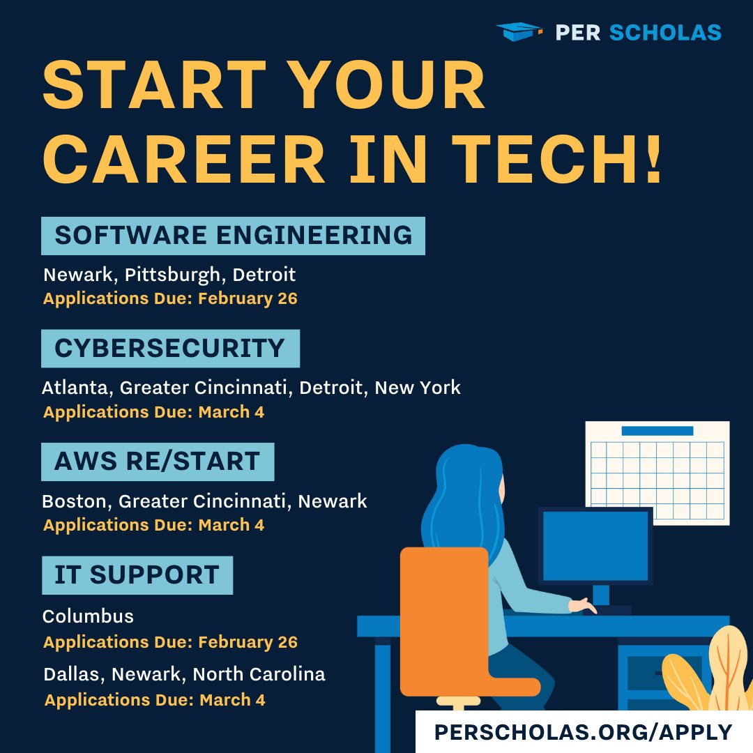 🚀 Ready to kickstart your career in tech? Apply now to our no-cost tech training! Whether you're a beginner or looking to advance your skills, we've got you covered. Visit perscholas.org/apply today! #TechCareers #TechTraining