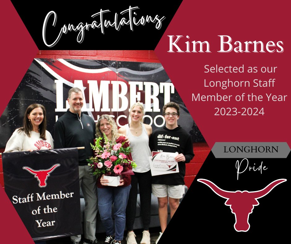 LambertHS's tweet photo. Super proud to announce Kim Barnes as our 2023-2024 Staff Member of the Year.  Her work as our bookkeeper is comparable to none! We appreciate her follow-through, guidance, attention to detail, and hard work SO very much!  Hook Em! https://t.co/5pw0Y36nO0