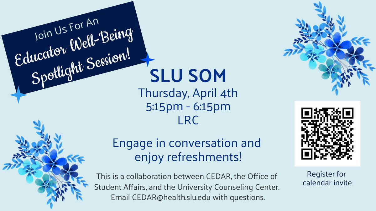 Attention <a href="/slusom/">SLU Medicine</a> &amp; <a href="/SSMHealth/">SSM Health</a> faculty!

CEDAR is partnering with OSA &amp; the <a href="/SLU_Official/">Saint Louis University</a> University Counseling Center on "Educator Well-Being Spotlight Session!"

Date, time &amp; QR code to register for calendar invite 👇

Email with questions! <a href="/AricHamilton/">Aric W. Hamilton</a> &amp; I hope to see you!