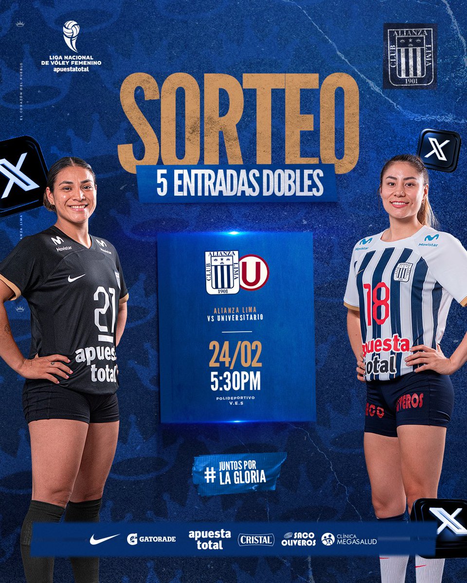 ¡𝗩𝗘𝗡 𝗔 𝗔𝗟𝗘𝗡𝗧𝗔𝗥𝗡𝗢𝗦 𝗠𝗔𝗡̃𝗔𝗡𝗔! 💪🏾💙🎟️

Gana una de las 𝟱 𝗲𝗻𝘁𝗿𝗮𝗱𝗮𝘀 𝗱𝗼𝗯𝗹𝗲𝘀 siguiendo estos pasos:

🔹Síguenos (<a href="/AlianzaLimaVB/">Alianza Lima Vóley</a>)
🔹Dale RT a esta publicación.
🔹Comenta este tweet etiquetando a tu acompañante para el partido. 
 
#AlianzaLima