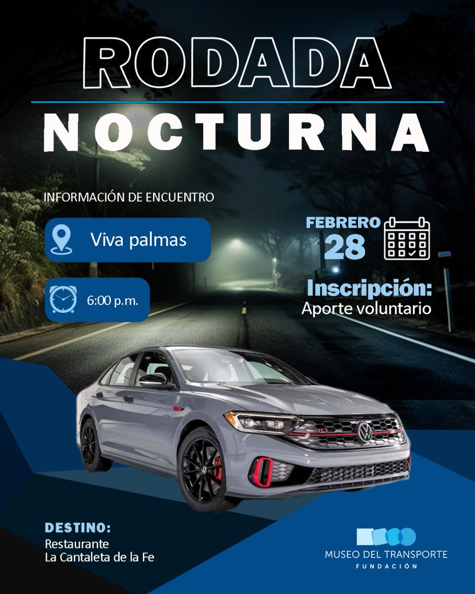 TransporteMuseo's tweet photo. 🚗💨 ¡Amantes de la aventura sobre ruedas, llegó la hora de encender motores! Únete este miércoles 28 de febrero a nuestra emocionante rodada hacia Llanogrande. Nos encontramos a las 6:00 pm en Viva Palmas para arrancar motores ¡No te lo pierdas! 🛣️ #RodadaVivaPalmas https://t.co/ByxXFMrvR2