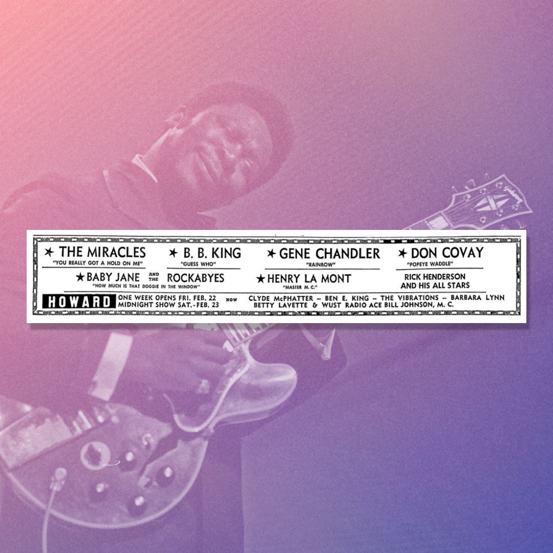 HowardTheatre's tweet photo. #HowardHistory — 61 years ago today this all-star lineup took the stage at The Howard Theatre, including The Miracles, B.B. King, Gene Chandler, Don Covay and more! What artist have you seen at Howard that you think will be #Historic? https://t.co/fxkeHQwEtB