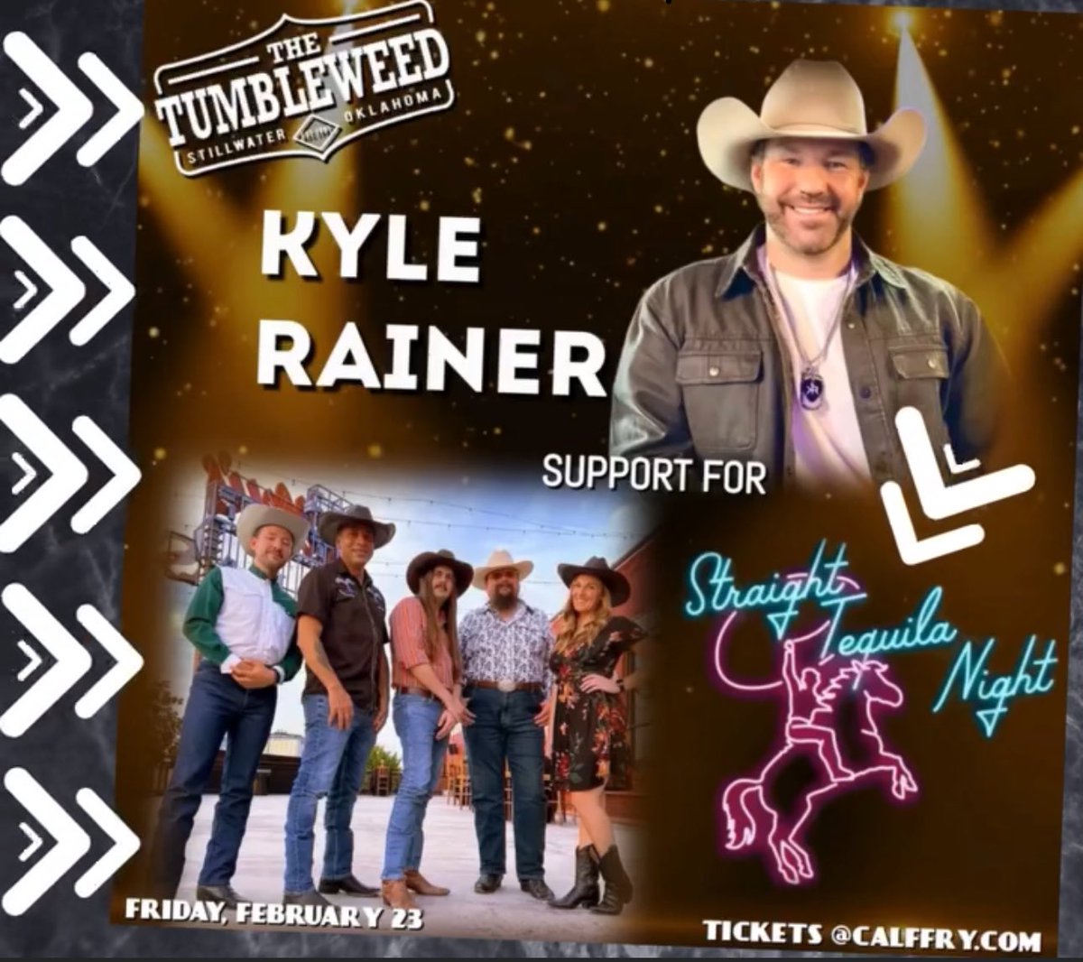 KyleRainerMusic's tweet photo. The boys and I are headed to Stillwater tonight for a show at Tumbleweed Dancehall &amp; Concert Venue! It's a 90's Country Party…Doors open at 8pm and we kick off at 9:30pm!  ALL AGES are welcome, 21+ to drink, so get your tickets NOW at https://t.co/h3BtHKzKds!!! https://t.co/L4iNOBrMxc