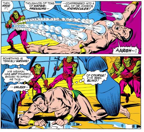 MarvelADay's tweet photo. #SM61 #MarvelADay Dr Hydro knocks Namor down with his "hydrocules." Now these are MADE of water, but they are too "compressed" to rehydrate Namor after the wind chapped him on his flight. More likely I think he is severely hung over from his party! PMB https://t.co/GXDZWjHWfM