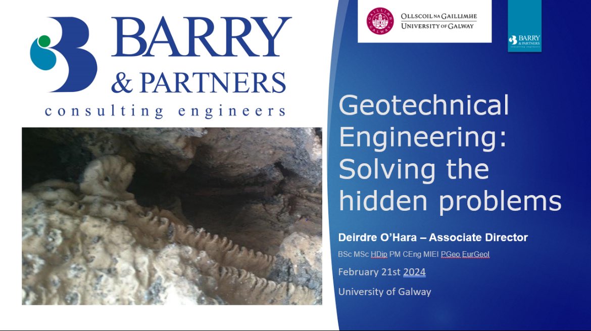 Delighted to welcome back <a href="/OHaraDeirdre/">Deirdre O'Hara</a> this week to explain how @jbbarryeng set about solving the hidden problems of geotechnical engineering - Deirdre’s talk was enjoyed by the ME students.