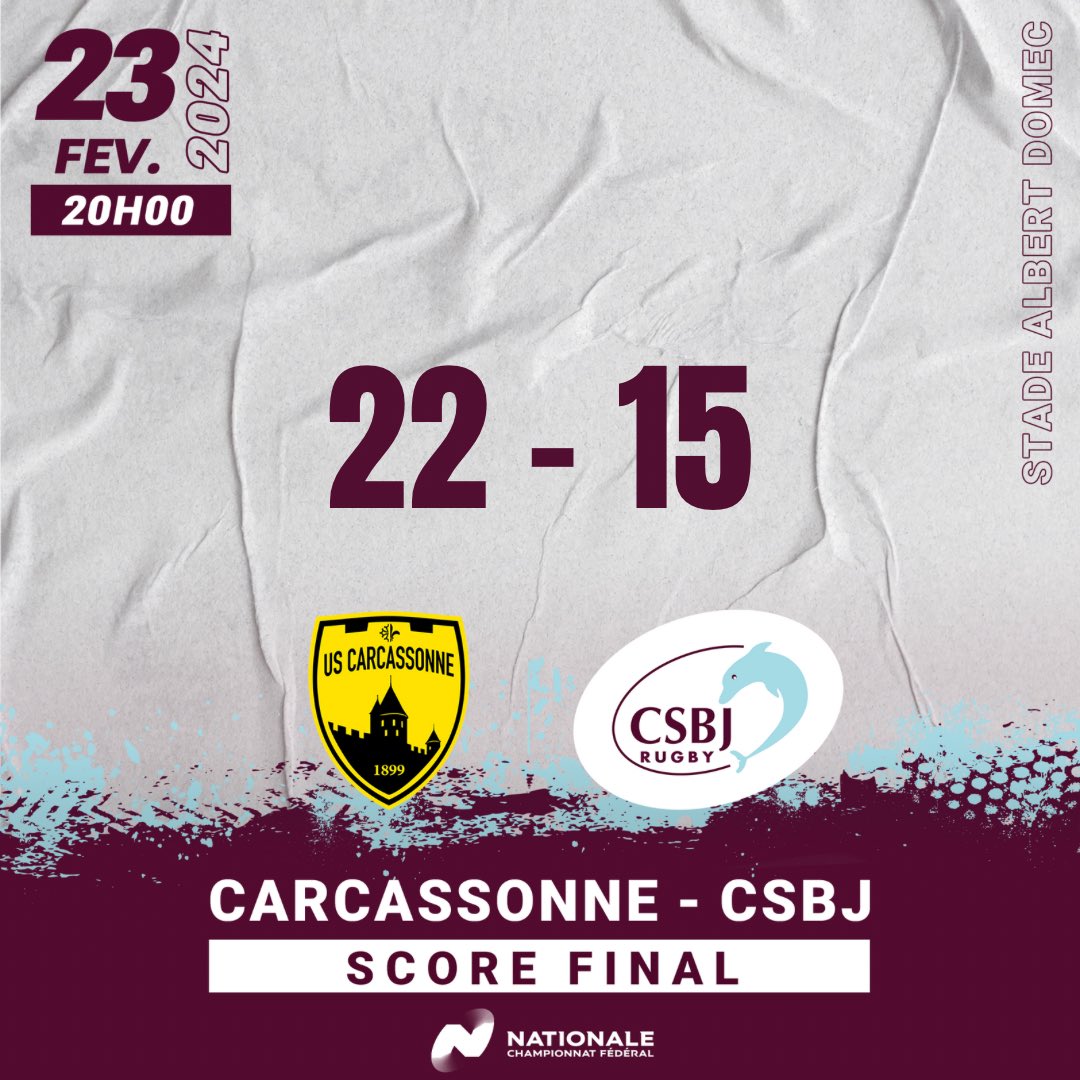SCORE FINAL 🏉 CARCASSONNE - CSBJ Rugby Le score final vous est présenté par Koesio Bourgoin-Jallieu. L’équipe s’incline 22 à 15 lors de ce match. On repart tout de même avec 1 point de bonus défensif ! RDV samedi 2 mars pour le match à domicile contre Suresnes #csbj #rugby