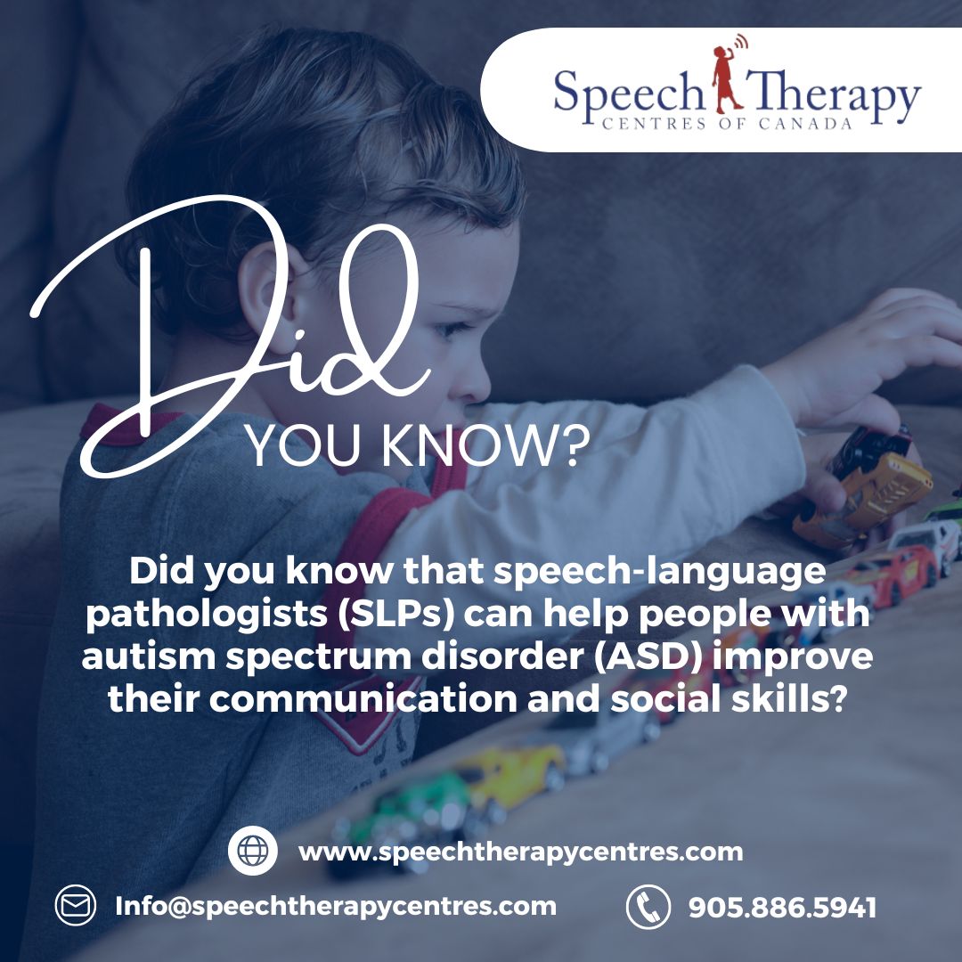 🗣️ Did You Know? 🌈 Speech-language pathologists (SLPs) can help individuals with autism spectrum disorder (ASD) 🧩 improve their communication and social skills.

🌐 Visit our website to learn more: speechtherapycentres.com
📧 Info@speechtherapycentres.com
📱 905.886.5941