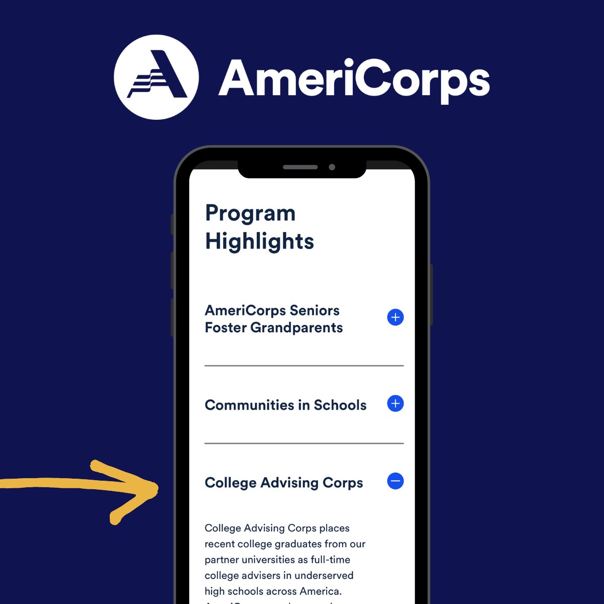 Check it out: College Advising Corps is listed as a program highlight on the @AmeriCorps website: AmeriCorps.gov/about/what-we-…! | We love how our mission aligns with AmeriCorps and only hope to continue to support students together for years to come. #collegeadvisingcorps #americorps