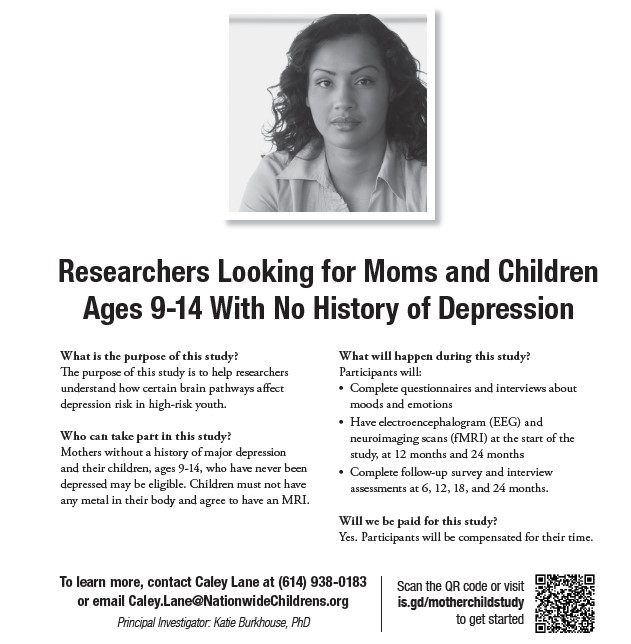 Do you have a child between the ages of 9 and 14? Dr. Katie Burkhouse is recruiting mothers with and without a history of depression and their children for a research study. Families will be reimbursed. No medication will be given. Take the survey: bit.ly/3YoCeir