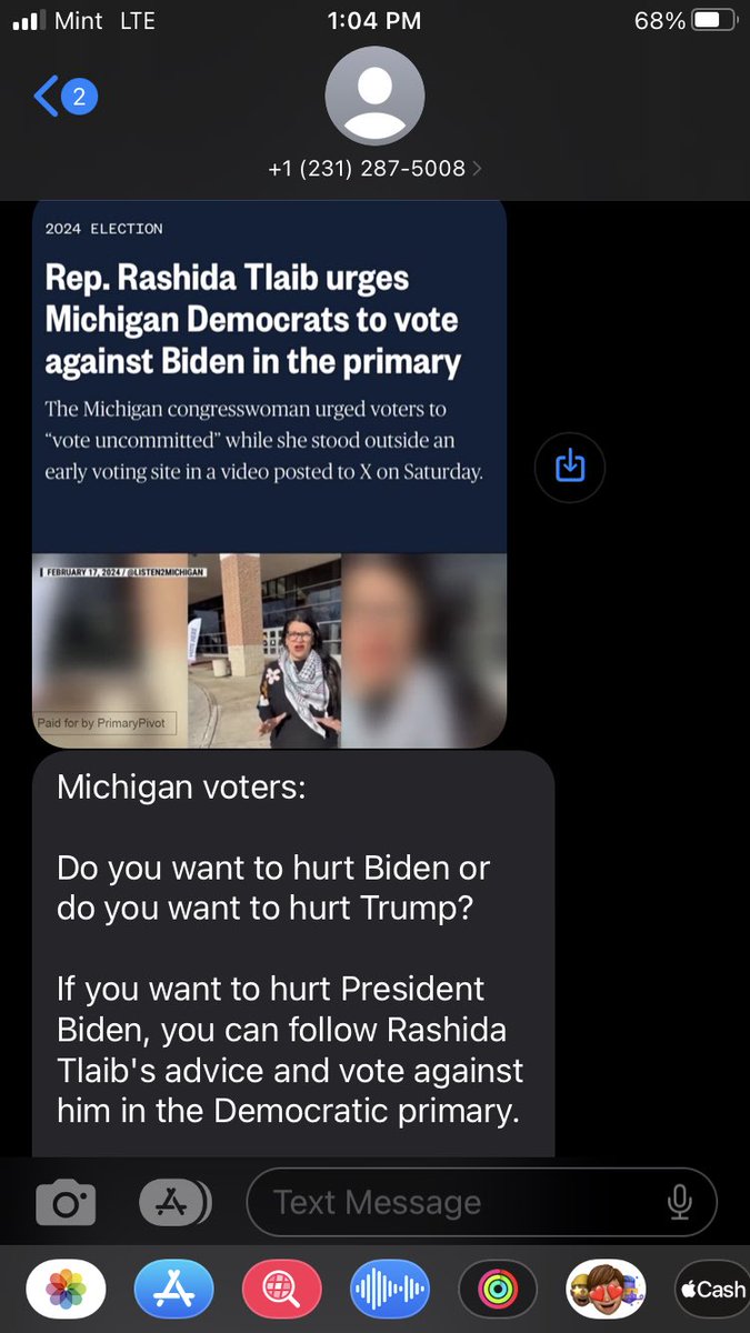 Pivot_PAC's tweet photo. Hello Michigan voters:

You’re next.  We just sent 260,000 text messages to you.

You can vote against Trump or you can vote against Biden.

The bigger threat to our democracy is Trump.

Vote against Trump in the Republican primary on February 27. https://t.co/S4PNw0g4Rq