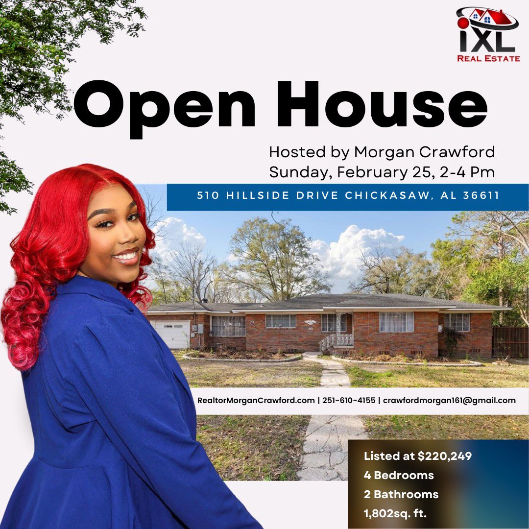 MorgRealRealtor's tweet photo. Yo, Facebook peeps! 
Don't miss out on the opportunity to hang with your favorite realtor (me!!) this Sunday 2-4pm 

Location: 510 hillsdide dr chickasaw al 36611... let's make some magic happen! #realestate 

https://t.co/ELgh2gbjgJ
Morgan “THE REAL” REALtor 
📲251-610-4155 https://t.co/yfSVcEza2a