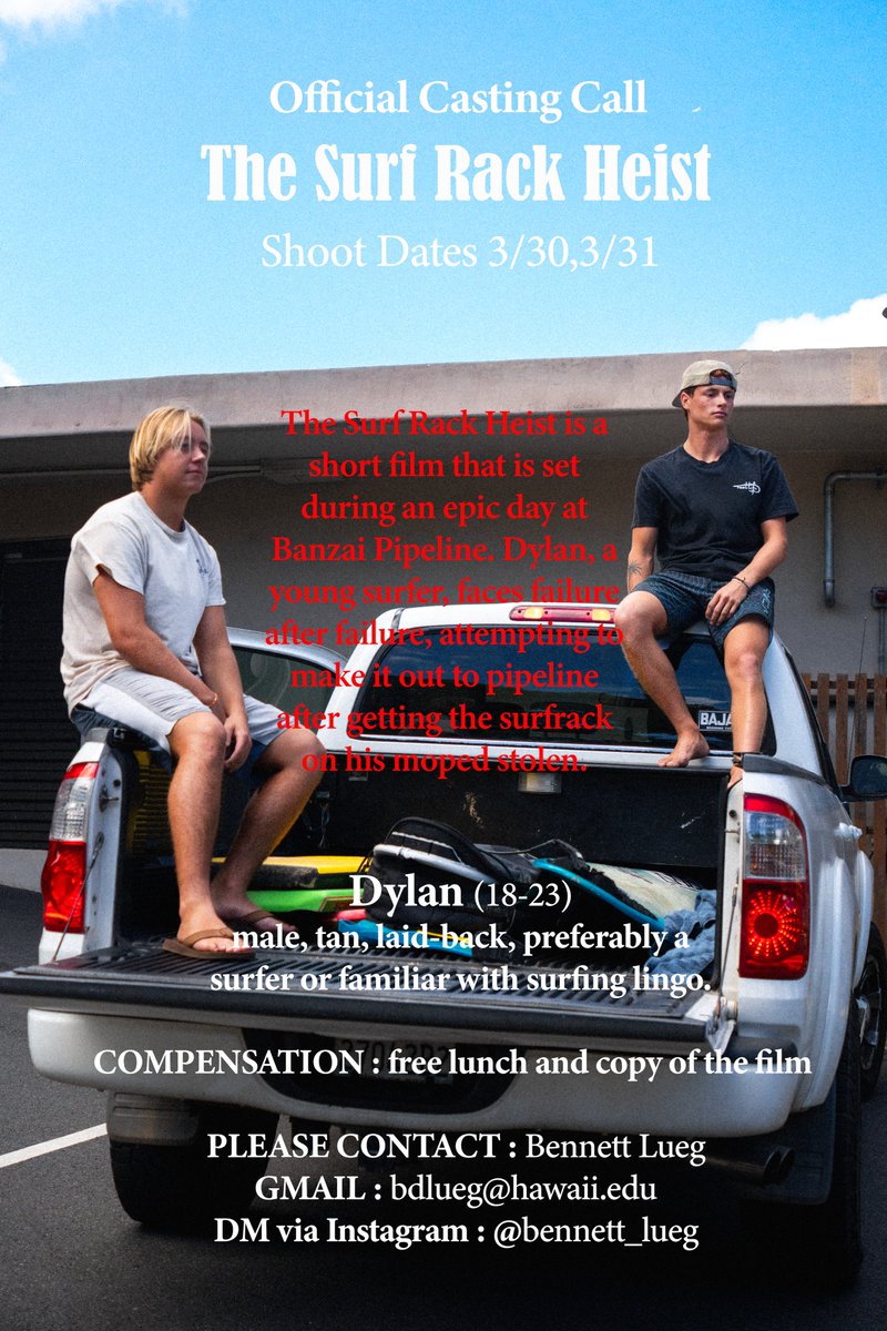 SCAManoa's tweet photo. Aloha SCA!

Dylan, a young surfer eager to make it out to Pipeline struggles with many failed attempts following the theft of his moped surf rack.

Please check out this upcoming casting call for the short film "The Surf Rack Heist"! https://t.co/pnBMjCVKOP