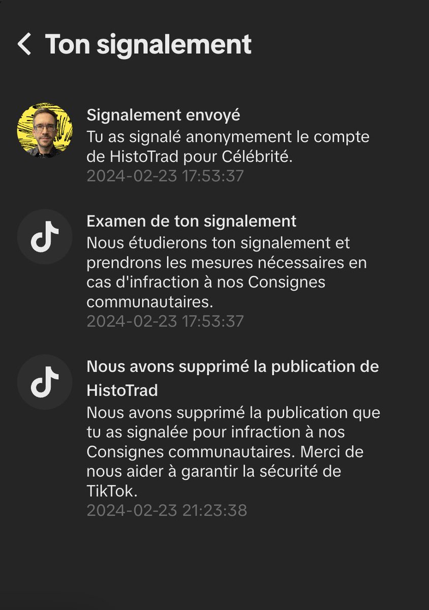 RENOUFJeremie's tweet photo. @NotaBeneMovies @tiktok_France Le signalement pour usurpation d'identité semble fonctionner. https://t.co/TbI22RShvA