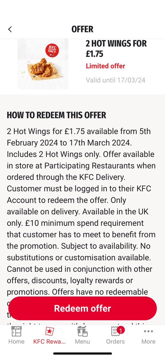 MagsL62's tweet photo. @KFC_UKI 

How can two hot wings be on the offer section for £1.75 yet they are £1.19 on the main menu? 🤨 https://t.co/wQH77cqKCp