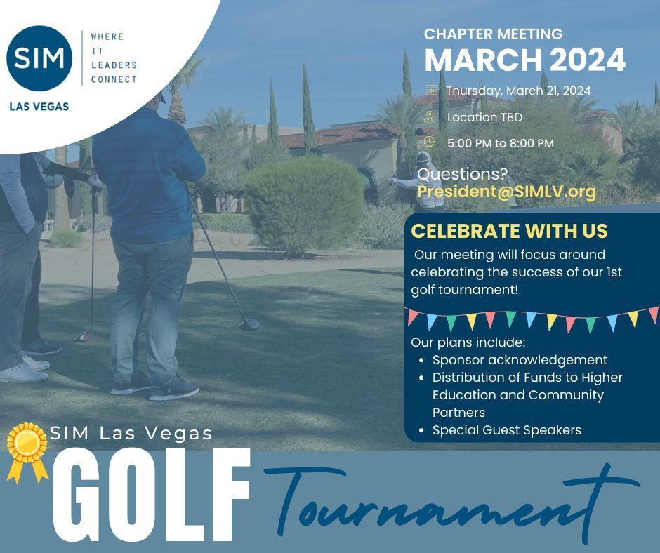 We are thrilled to invite you to attend our March SIM Las Vegas chapter meeting on Thursday March 2st from 5:00pm to 8:00pm.  

Space is limited, please register today - Golf Tournament Sponsors are limited to 2 attendees per sponsor. 

buff.ly/3uyPCYA