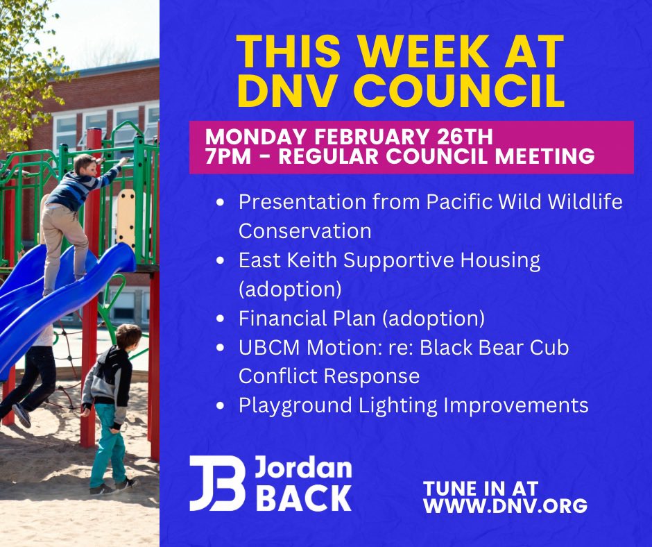 A fairly short agenda on Monday, February 26th. In addition to a delegation from @pacificwild , I also have an item on the agenda asking Staff to explore lighting improvements to both existing and new playgrounds in the @NVanDistrict #northvan #council