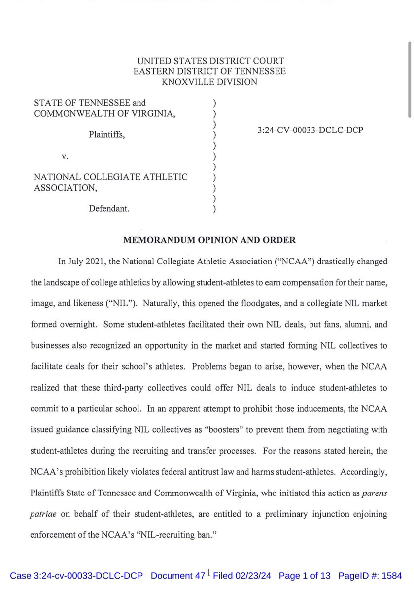 WinterSportsLaw's tweet image. This is another huge loss for the NCAA.

The NCAA now cannot enforce its #NIL rules/guidelines that prohibit athletes from negotiating NIL deals with third parties, including collectives and boosters, before they commit to a school.

Full order at link.

drive.google.com/file/d/1hW0ff1…
