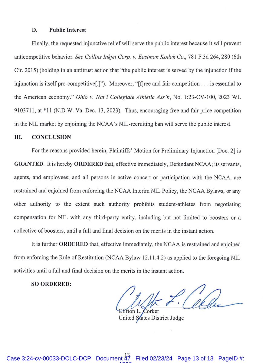 WinterSportsLaw's tweet image. This is another huge loss for the NCAA.

The NCAA now cannot enforce its #NIL rules/guidelines that prohibit athletes from negotiating NIL deals with third parties, including collectives and boosters, before they commit to a school.

Full order at link.

drive.google.com/file/d/1hW0ff1…