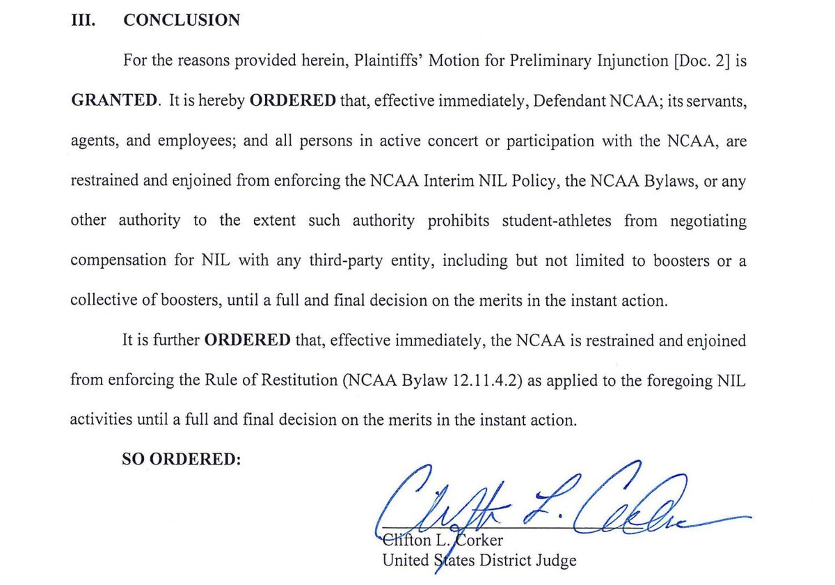 The states of Tennessee and Virginia just pimpslapped the NCAA into oblivion. Court grants their TRO’s, says any attempt to restrict NIL by the NCAA is impermissible pending a likely finding of antitrust violations. The NCAA is dead.