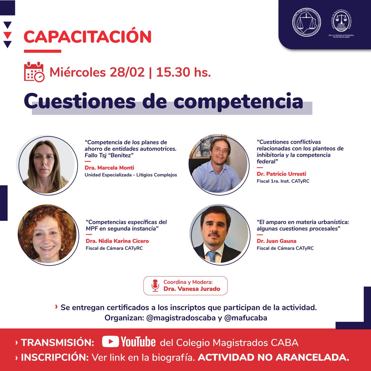 MAFUCABA's tweet photo. [#CAPACITACIÓN] CUESTIONES DE COMPETENCIA. @Mafucaba junto al Colegio de @MagistradosCABA
invitan a participar de este encuentro sobre “Cuestiones de Competencia˝ que tendrá lugar el próximo miércoles 28 de febrero a partir de las 15.30 hs.  👉 https://t.co/rMqIcLY8KO
