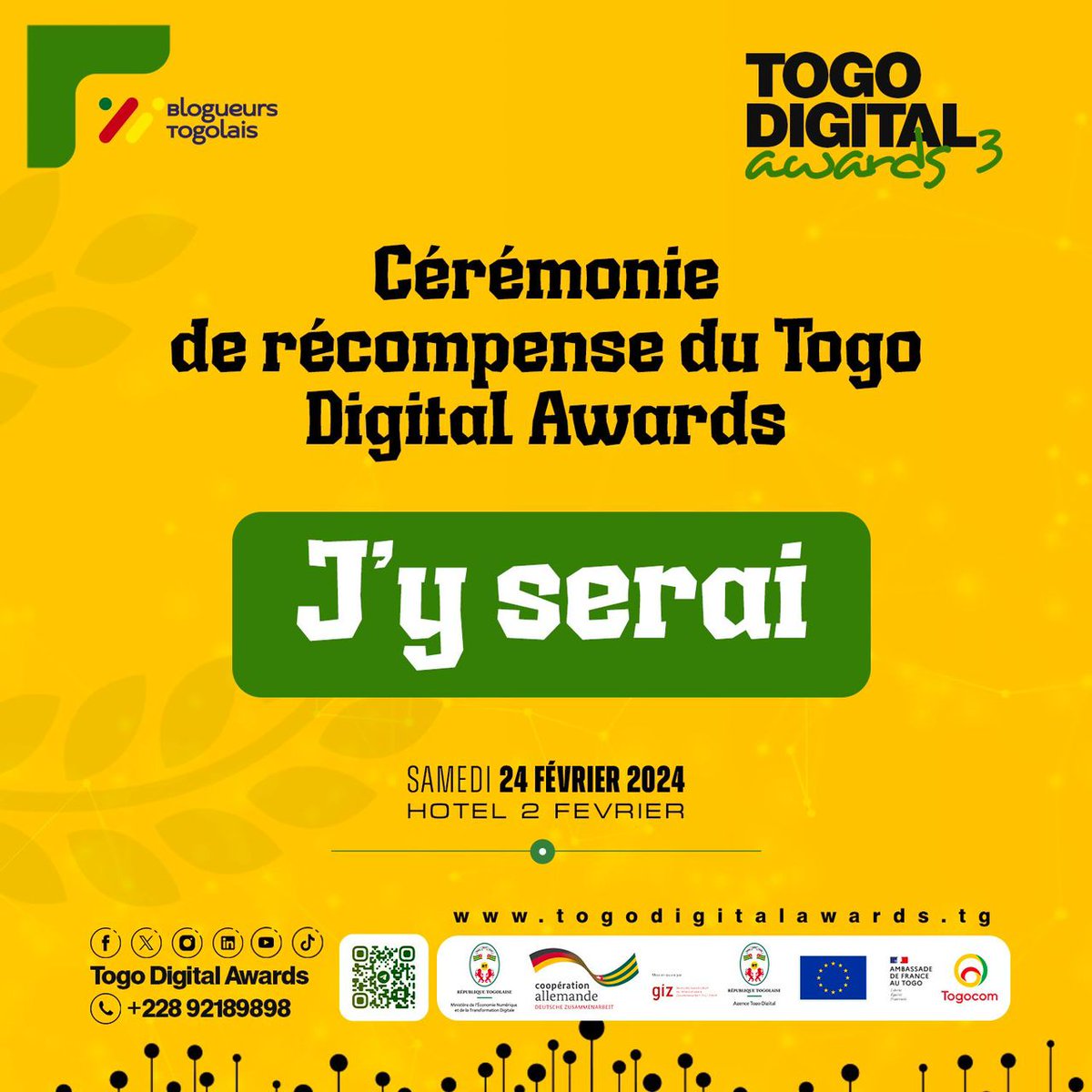 zeusreas's tweet photo. J'y serons-je vous ce samedi 24 Fevrier à l' Hotel 2 Fevrier Lome, dans la salle concorde à partir de 18 heures 30 pour la 3ème édition de la cérémonie de récompense du @TGdigitalawards ? 

#TogoDigital #TDA2022 #TDA2024 #TDA3 #Tech228 #GIZTogo #teamEurope #LsaProd https://t.co/0SNnmX8PgQ