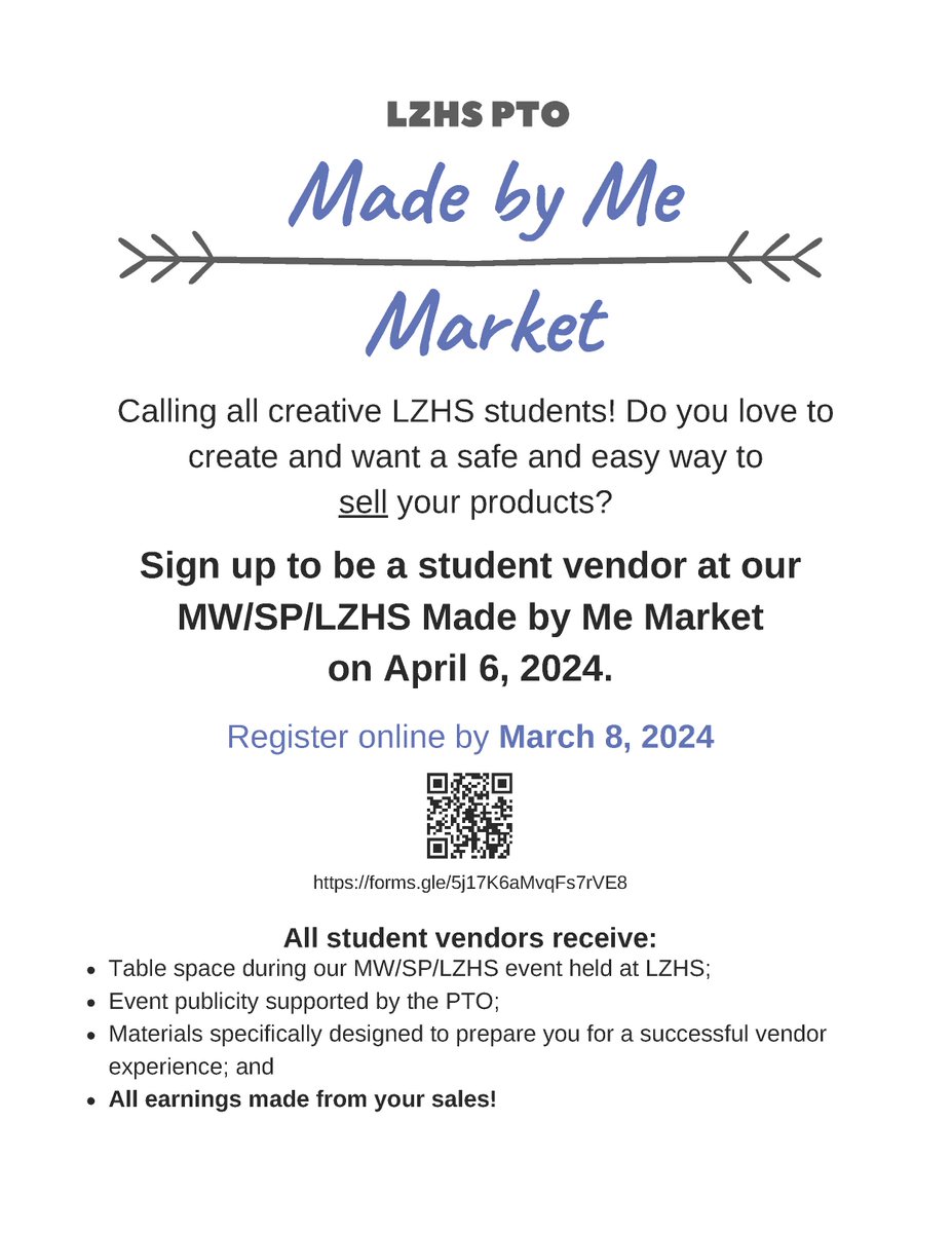 LZHS PTO (@lzhspto) on Twitter photo LZHS students: The Made by Me Market is coming to LZHS in April! See details below and scan the QR code or click this link to register: tinyurl.com/MbMM2024 <a href="/johnwalshD95/">John L. Walsh</a> <a href="/LZ95curriculum/">Zach Gimm</a> <a href="/GalltKelley/">Dr. Kelley Gallt</a> LZHS students: The Made by Me Market is coming to LZHS in April! See details below and scan the QR code or click this link to register: tinyurl.com/MbMM2024 <a href="/johnwalshD95/">John L. Walsh</a> <a href="/LZ95curriculum/">Zach Gimm</a> <a href="/GalltKelley/">Dr. Kelley Gallt</a>