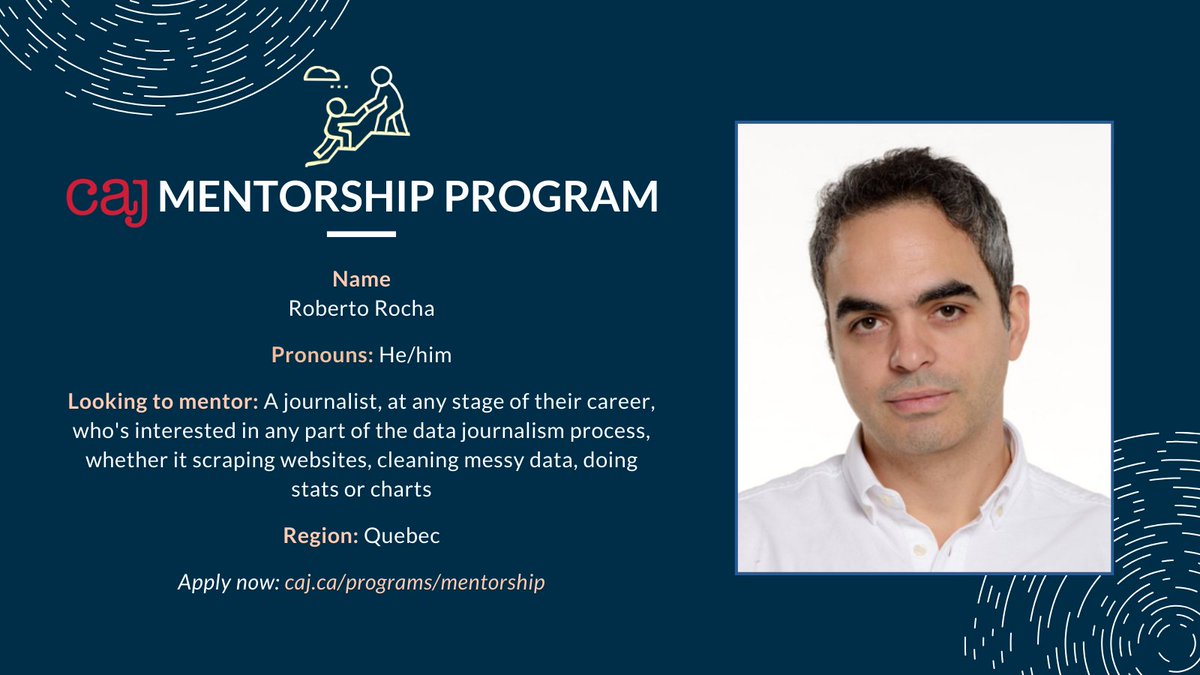 Want to expand your investigative reporting skills? @Robroc specializes in data analytics like web scraping and data visualization to do investigations. Apply by Feb. 28: caj.ca/programs/mento…