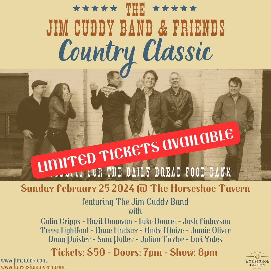 Limited tickets have been released for Country Classic this Sunday, February 25 at the Horseshoe Tavern. Grab yours now at tour.jimcuddy.com