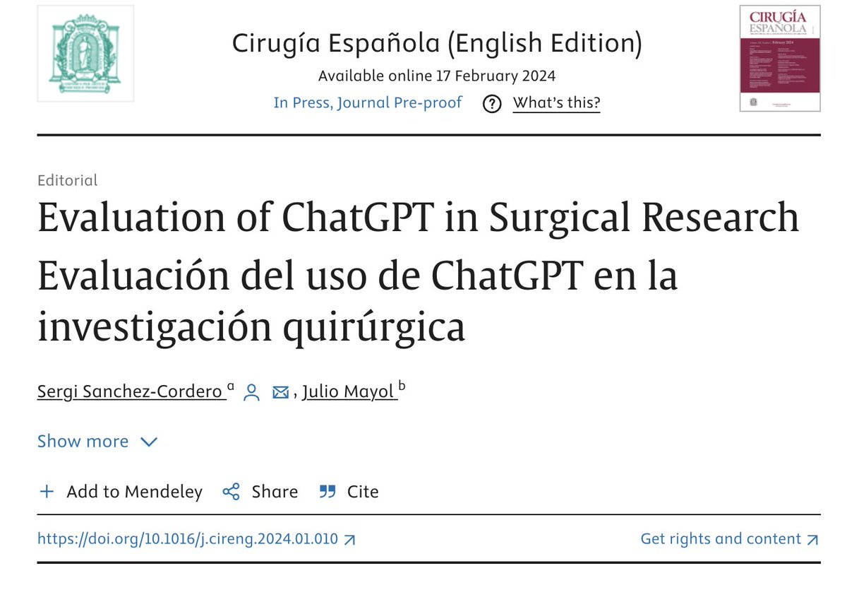 #SurgicalResearch and #ChatGPT - @sesanco @juliomayol 
@aecirujanos @cirugiaespanola @etargarona 
@SEIQuirurgica 
@me4_so 
#AI 

sciencedirect.com/science/articl…