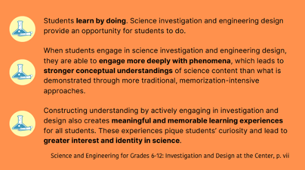 When students are making sense of phenomena or designing solutions to problems, students actually learn better! It leads to stronger conceptual understandings of science content than what is demonstrated through more traditional, memorization-intensive approaches. #NGSS