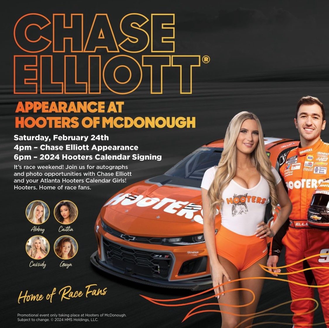 Raise your hand if you will be at @Hooters McDonough tomorrow? 🙋 #CE | #ChaseElliott | #Hooters | #NASCAR