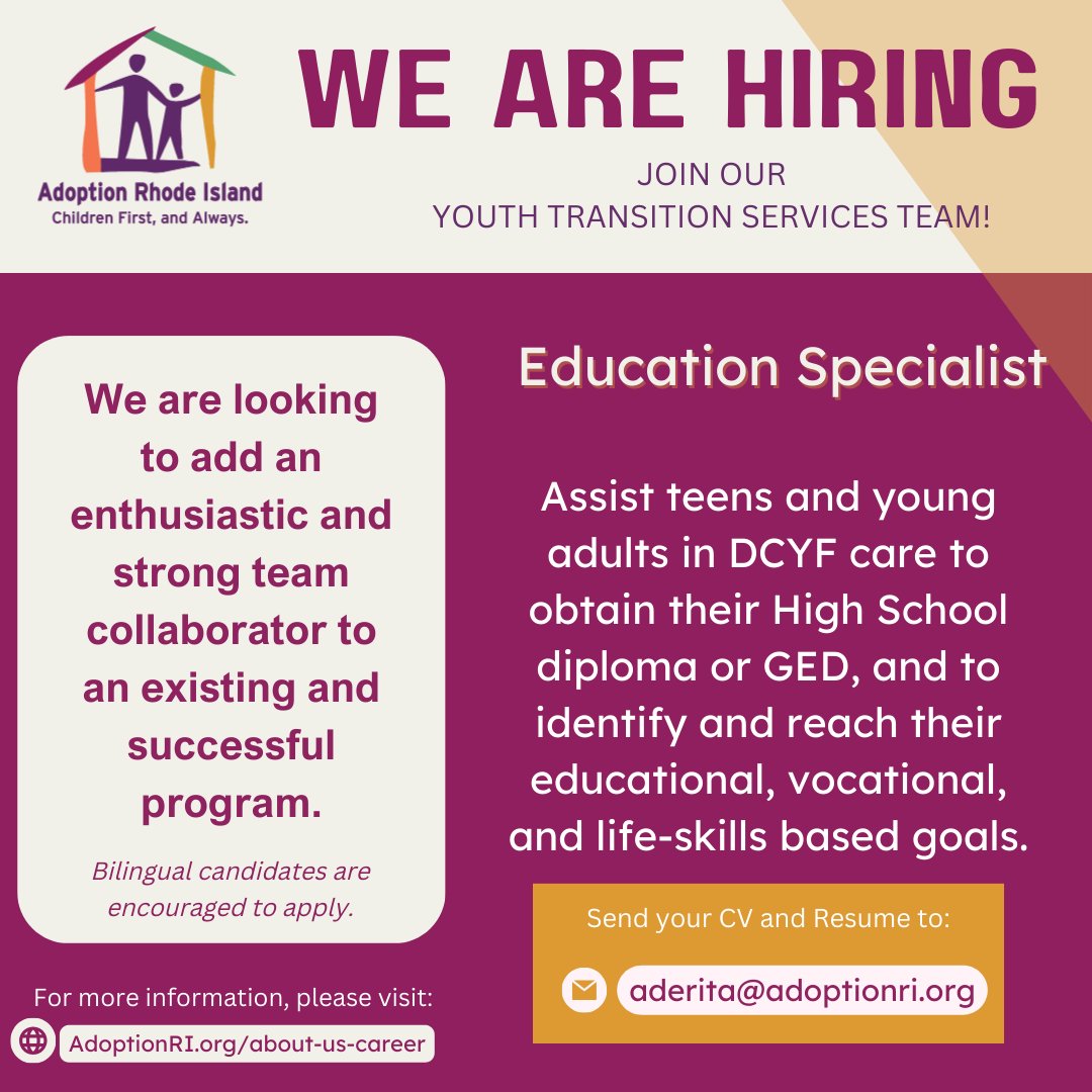 Join our team as an Education Specialist! To apply, please send your resume and a letter of interest to aderita@adoptionri.org. For more information, please visit adoptionri.org/wp-content/upl…