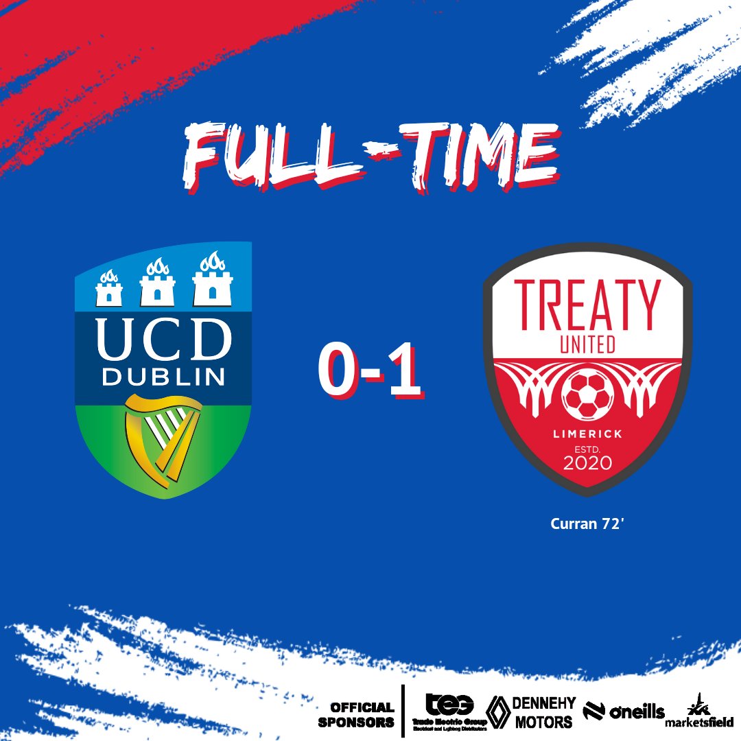 𝗙𝘂𝗹𝗹-𝗧𝗶𝗺𝗲!
UCD 0-1 Treaty United

Enda Curran's penalty gives us two wins from our first two games! 

Thank you for your incredible travelling support tonight from the first minute 👏