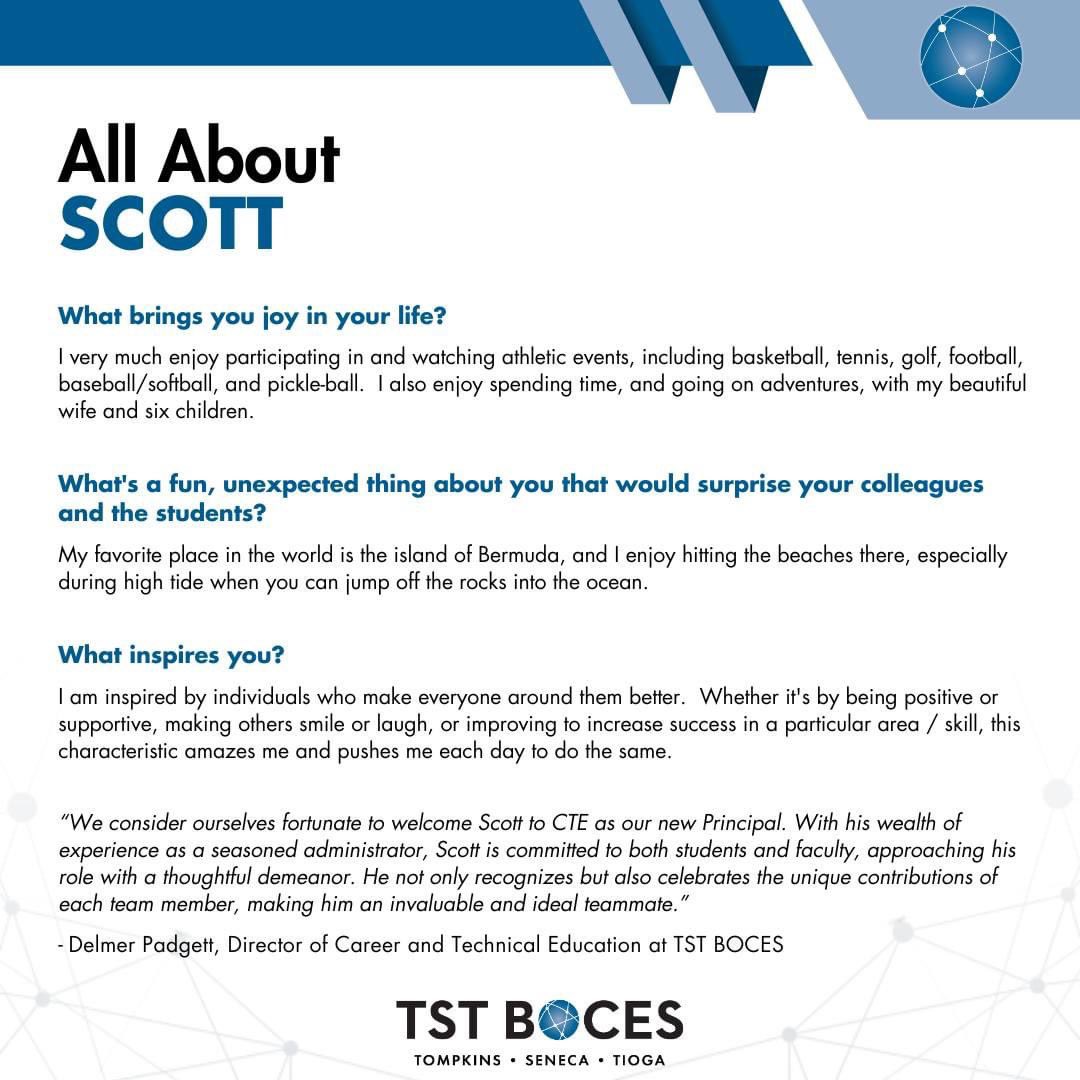 🌟 Shining the Spotlight on TST's Finest 🌟 Meet Scott Snyder, Principal of TST BOCES Career and Tech! 🛠️🏗️ We shine the staff spotlight on Scott for his passion, leadership, and zest for life! 👏 #StaffSpotlight #MeetTheTeam #ConnectingMindsInspiringGrowth #BOCESProud