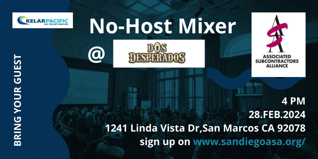 Excited for the Associated Subcontractors Alliance (ASA) San Diego No-Host Mixer at Dos Desperados Brewery on February 28, 2024, at 4 PM! 
Join us for a fantastic evening of networking and fun. Bring ... #NetworkingEvent #DosDesperadosBrewery #subcontractors #SanDiegoConstruction