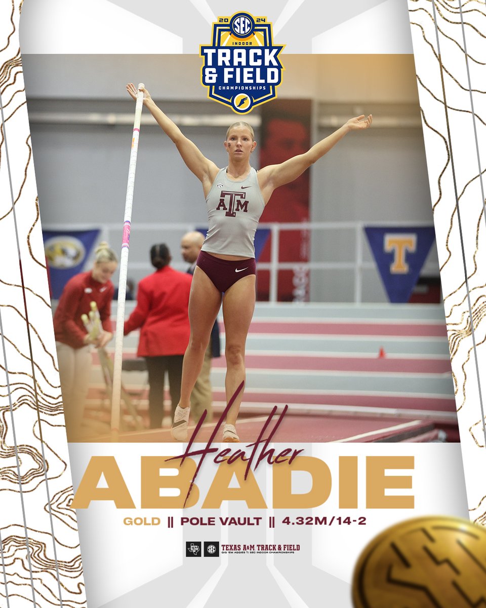 aggietfxc's tweet photo. Heather Abadie wins the SEC women's pole vault title ‼️

She claims the first conference title of her career and wins the first gold medal of the SEC Indoor Championships 👍

#GigEm // #AggieTF // 📊 https://t.co/U1fL4Yc9Xk https://t.co/jvnlGrnW0q