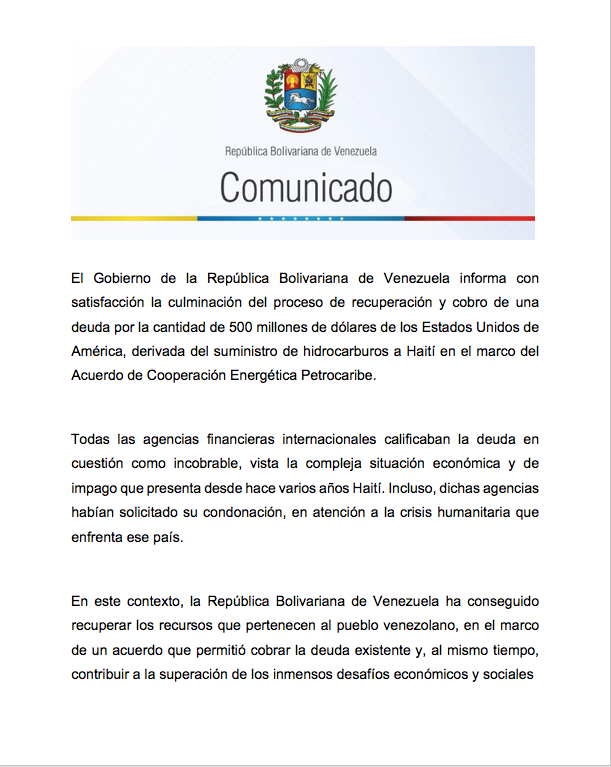 webnotitarde's tweet photo. El gobierno informó este #23feb sobre la culminación y cobro de una deuda por la cantidad de 500 millones de dólares de los EEUU, derivada del suministro de hidrocarburos a Haití.

Comunicado ⬇️ https://t.co/Ci754EzZGU
