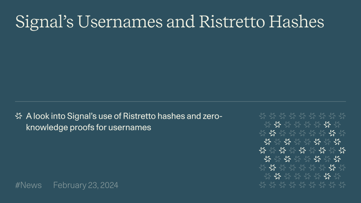 zellic_io's tweet photo. Signal has rolled out usernames, meaning users can now use the app while keeping their phone numbers private. This enhanced level of privacy was achieved through the use of Ristretto hashes and zero-knowledge proofs.

We wanted to take a deeper look into how these two cryptographic primitives can provide another privacy protection for Signal’s users; fortunately, the source code is open-source, so let’s dive in.