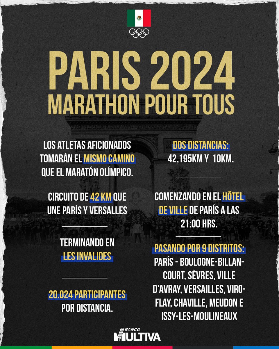 COM_Mexico's tweet photo. ¡El PARIS 2024 MARATHON POUR TOUS 🏃‍♂️🏃‍♀️ es una experiencia única que te acercará al espíritu olímpico! ¡No te lo pierdas! 🇫🇷🥇

#TodosSomosOlímpicos | @BancoMultiva https://t.co/Kz8sM4JhTm