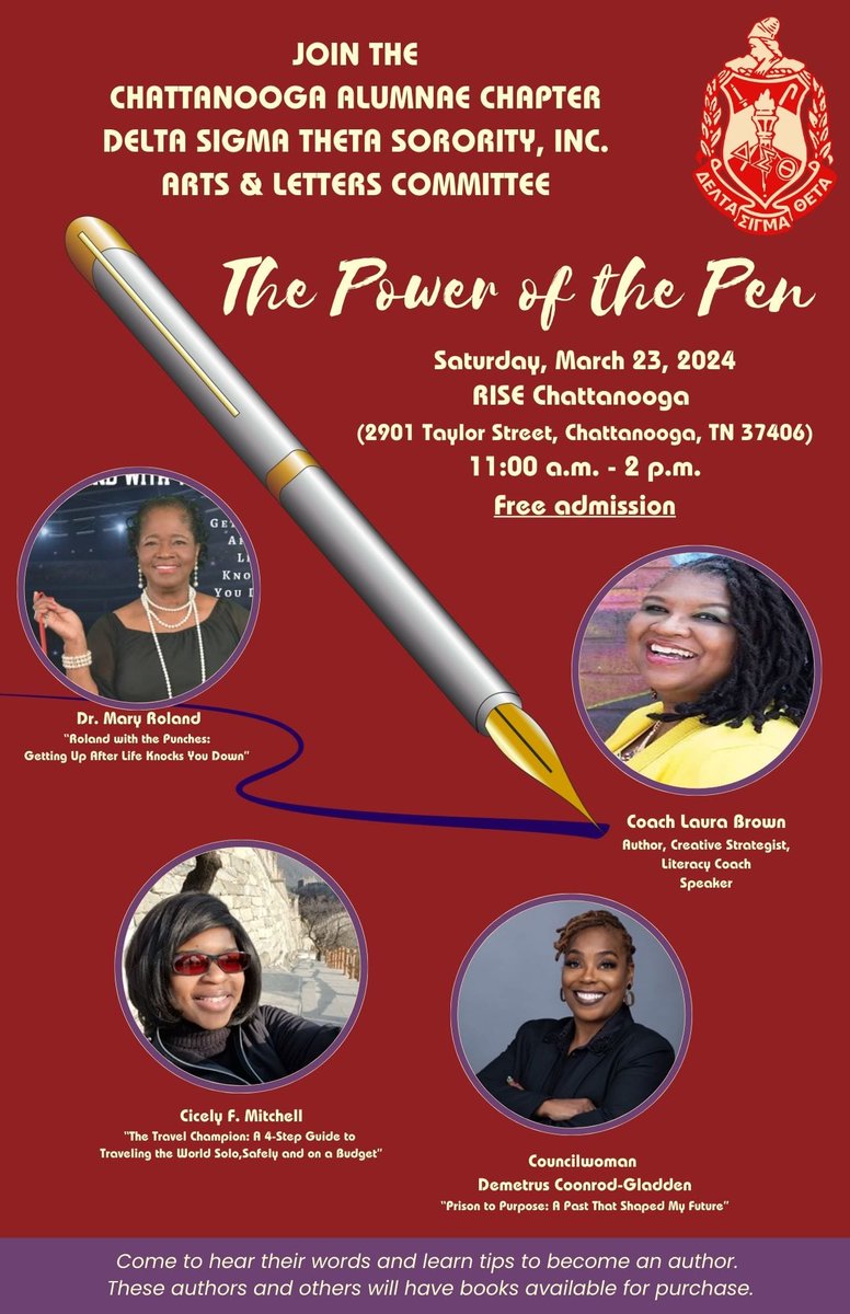 Have you thought about becoming an author? We'd love for you to join us Saturday, March 23rd for The Power of the Pen event.  This will be a great opportunity to get advice from these wonderful authors to help you on your journey. See flyer for additional details. #SRDST #CAC
