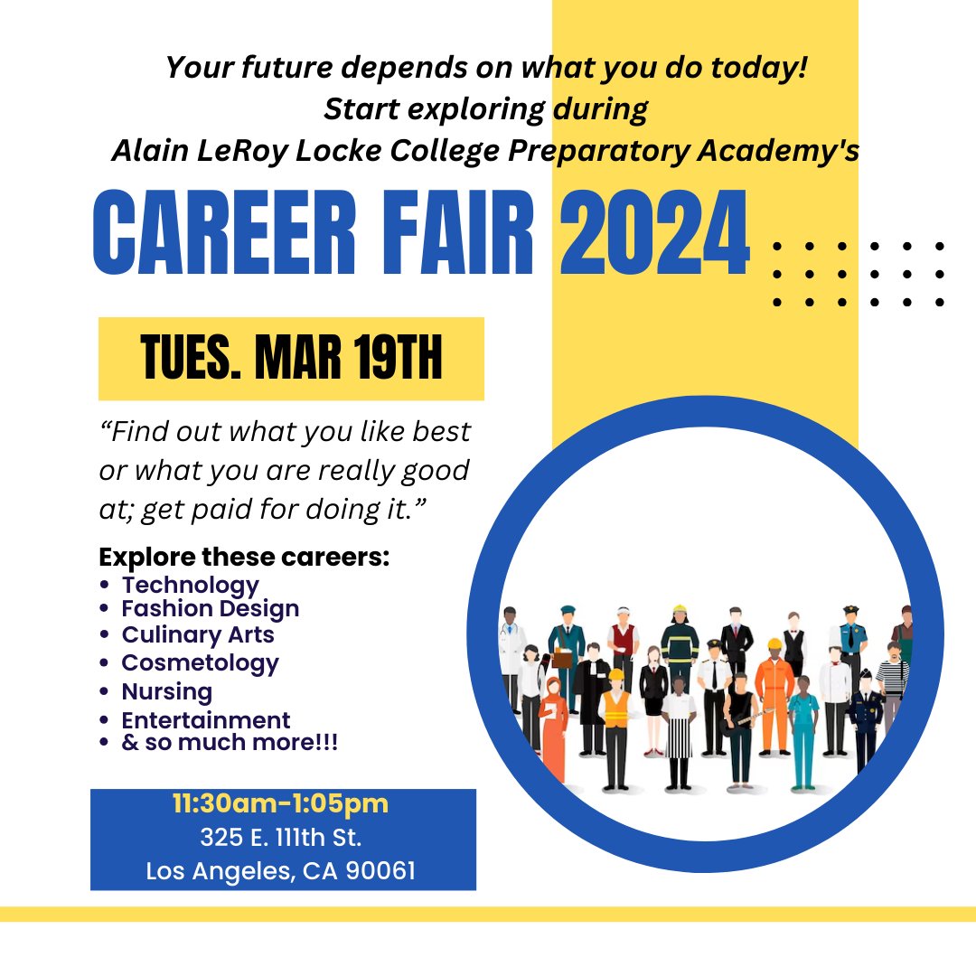 Calling #volunteers of all professional fields! 

Please join us for a Career Fair on Tuesday, March 19th, 2024, at Alain Leroy Locke College Prep Academy. From 11:00 AM – 1:00 PM. 

If you're interested in participating, please complete this form: bit.ly/3Iaj4Hj