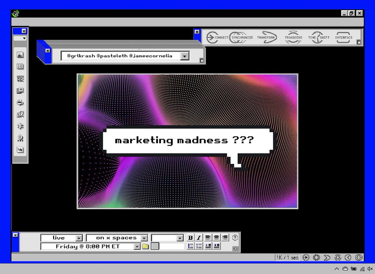 Tonight 🫣

Are websites dead ??? 

Are they still relevant ?

How do you beat the Spotify algorithm? 

Short form content growth hacks?

Join us for MARKETING MADNESS 👇

w/ hosts

🎧 me x <a href="/pastelETH/">pastel ← leo ꓽꓽ)</a> x <a href="/JameeCornelia/">jameecornelia</a>